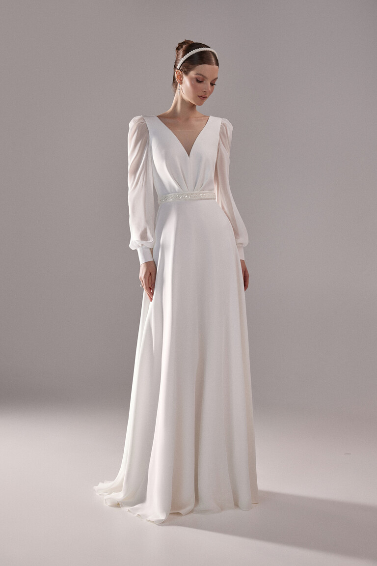 Rita Long Sleeve Crepe and Chiffon Wedding Dress
