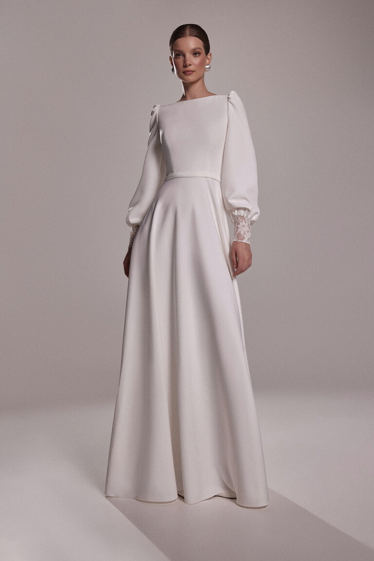 Camalia Boat Neck Crepe Long Sleeve Wedding Dress