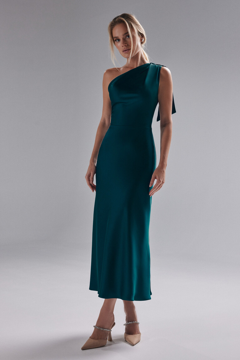 Julia Emerald Satin One-Shoulder Column Midi Dress