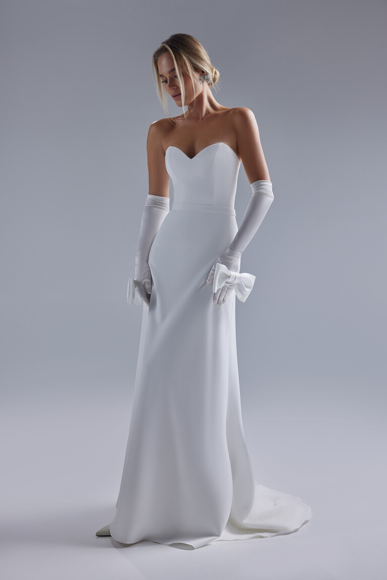 Adeline fit-and-flare wedding dress front view showing structured sweetheart neckline