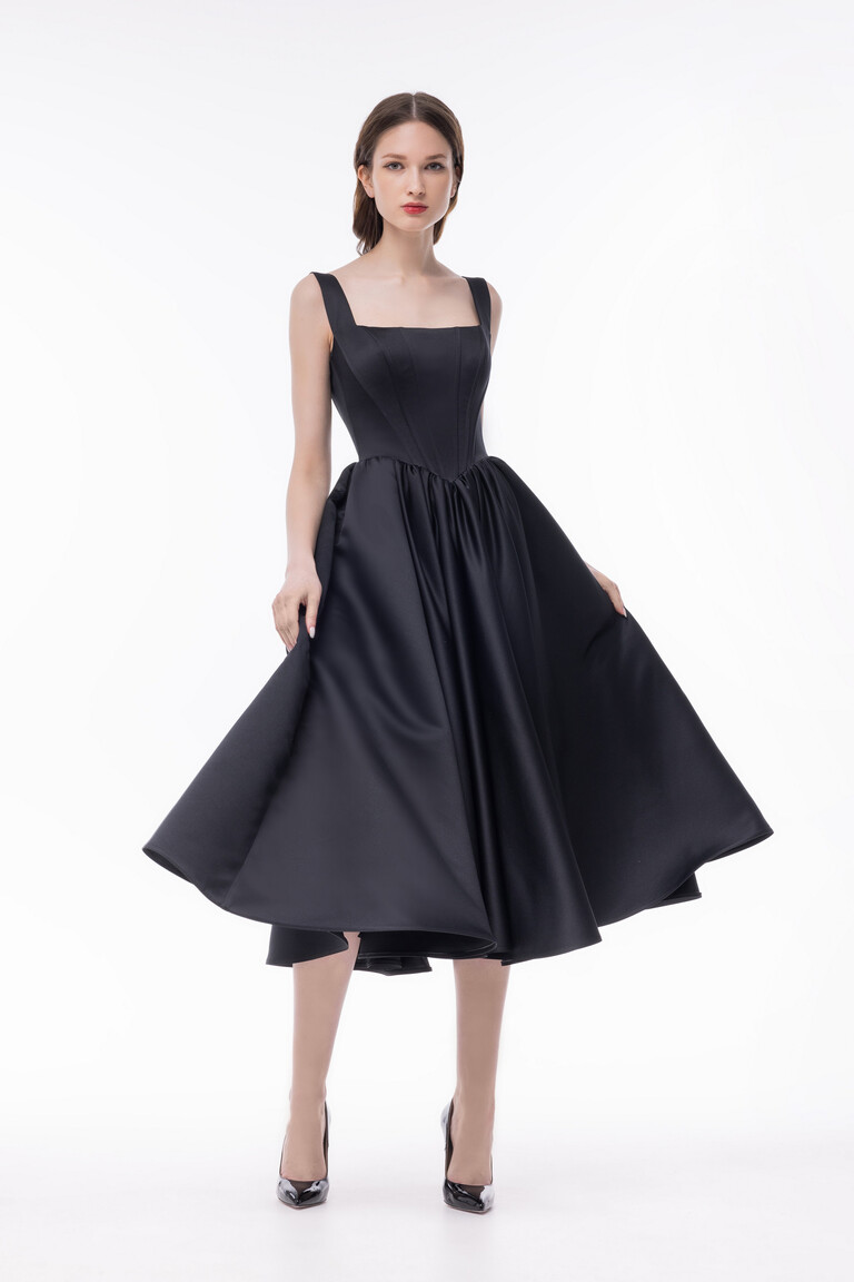 Casia Black Midi Basque Waist Satin Cocktail Dress