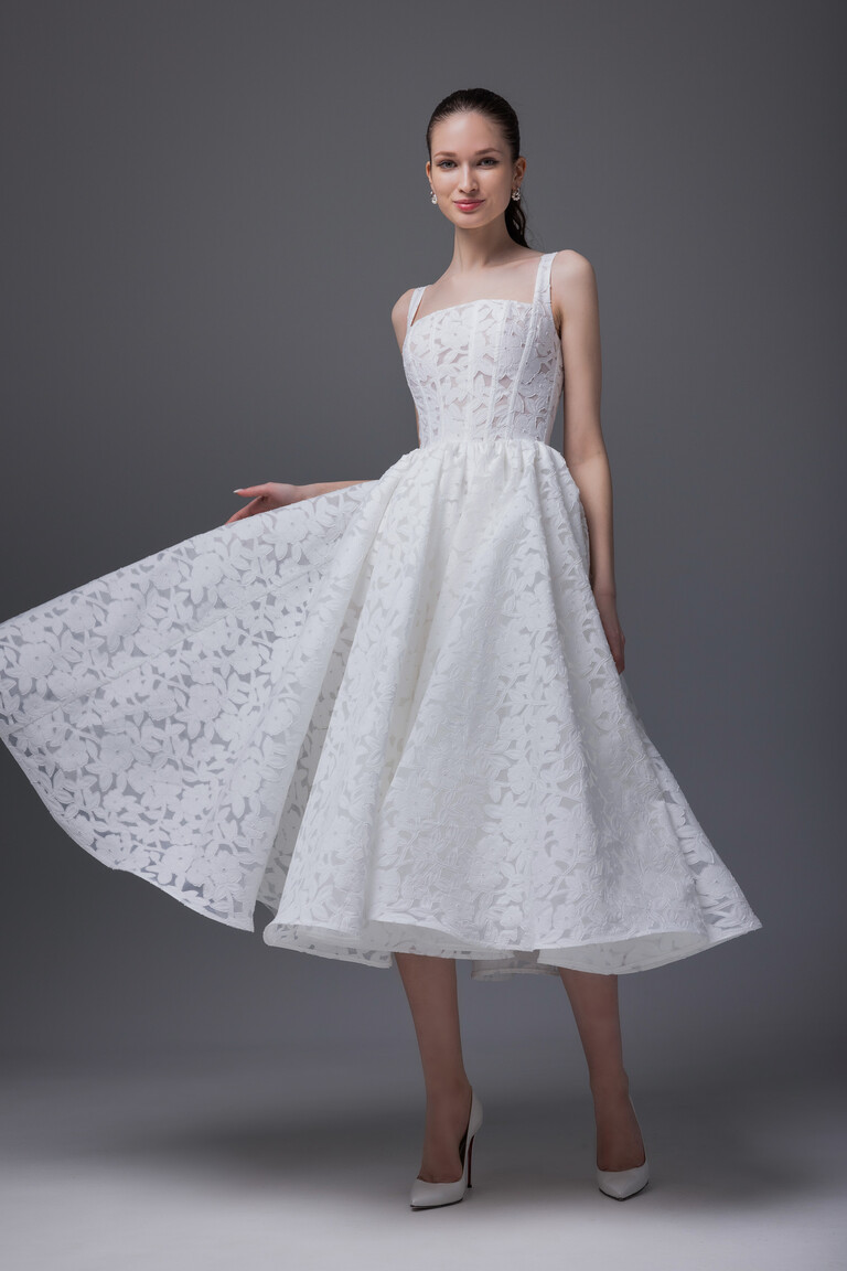 Voluminous Tea-Length Skirt with Floral Details Full length Ruta off-white lace midi dress front view showing gathered A-line skirt