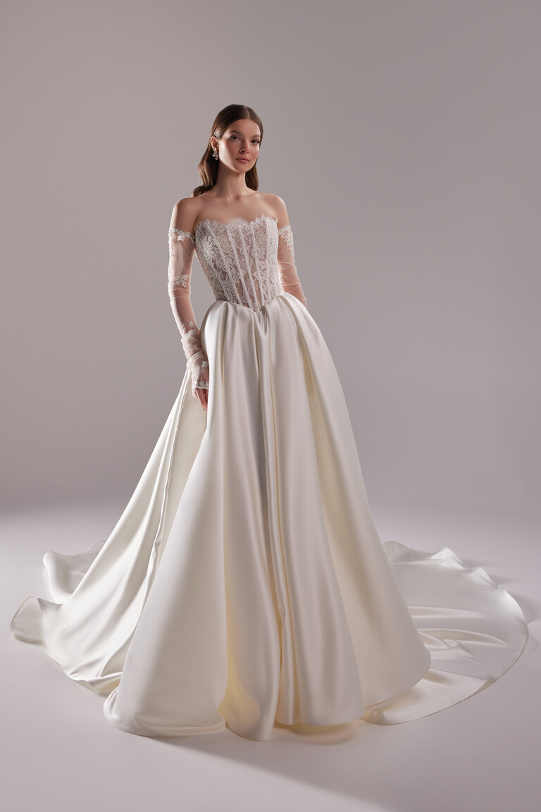 Satin Ball Gown with Lace Details and Train Evelyn ball gown wedding dress showing voluminous satin skirt and sheer lace sleeves