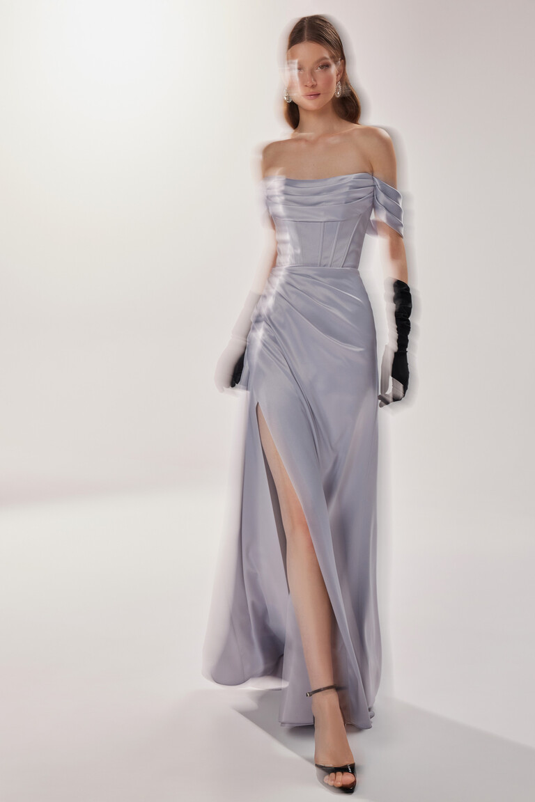 Unona Riley lavender evening gown styled with black gloves showing floor length satin skirt