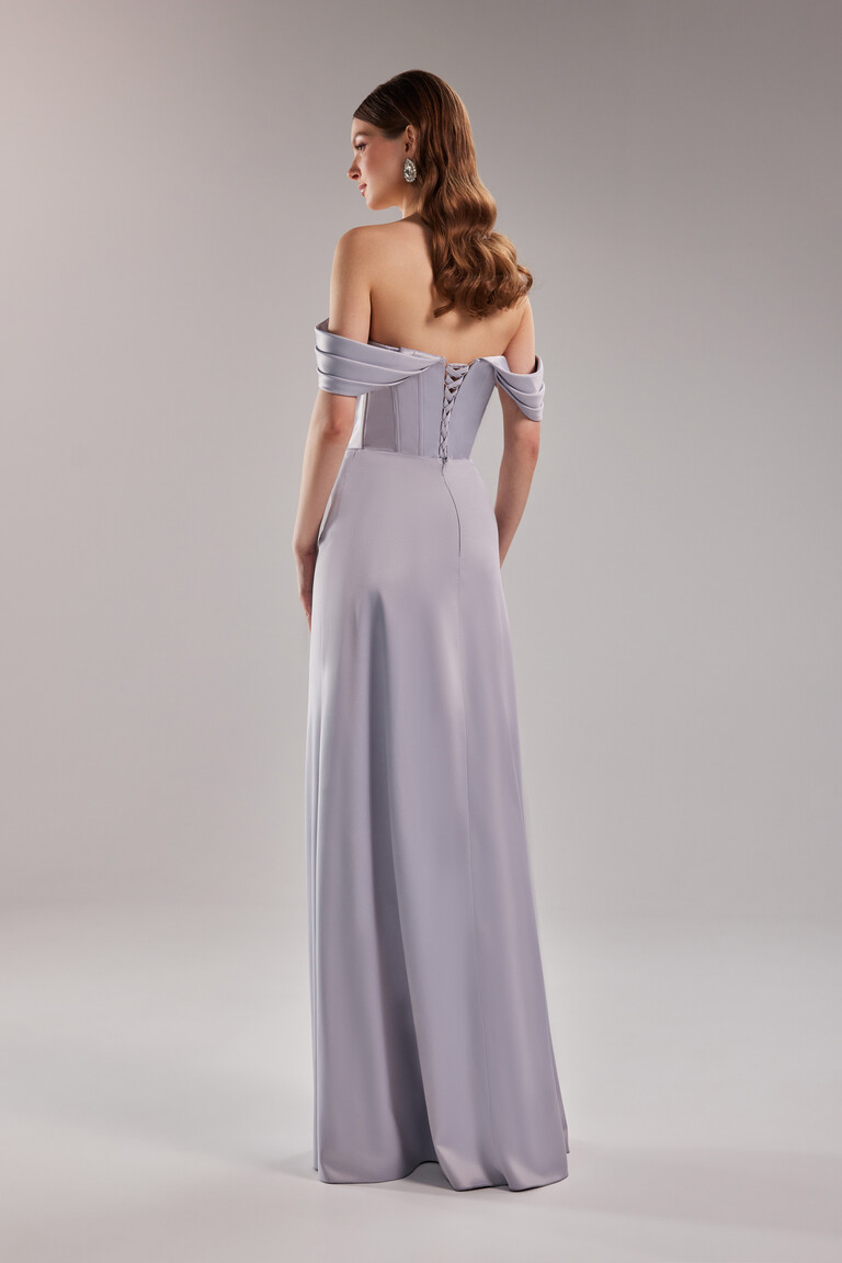 Back view of Riley lavender satin gown featuring lace-up closure and floor length skirt