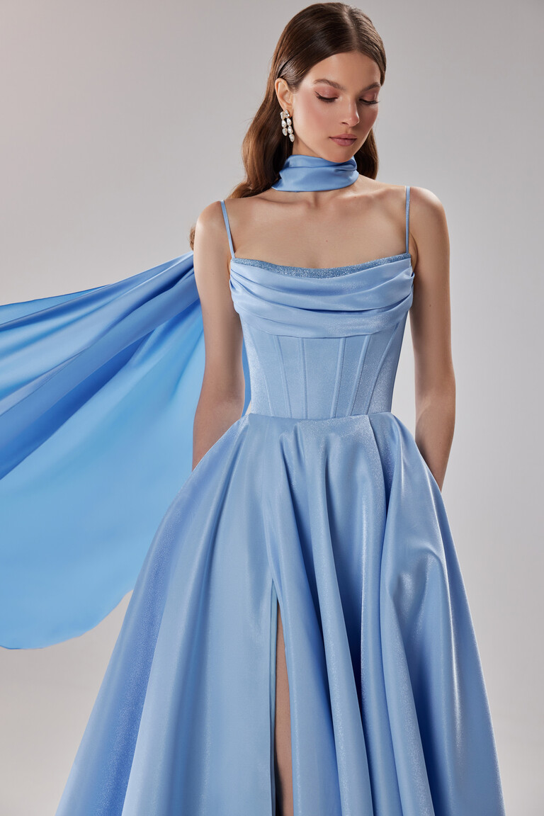 Full length Rihanna evening dress in light blue satin with matching cape scarf accessory