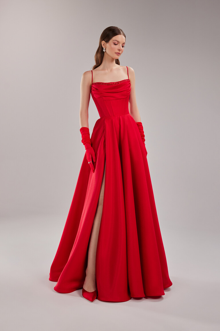 Rihanna Red Satin Corset A-Line Gown