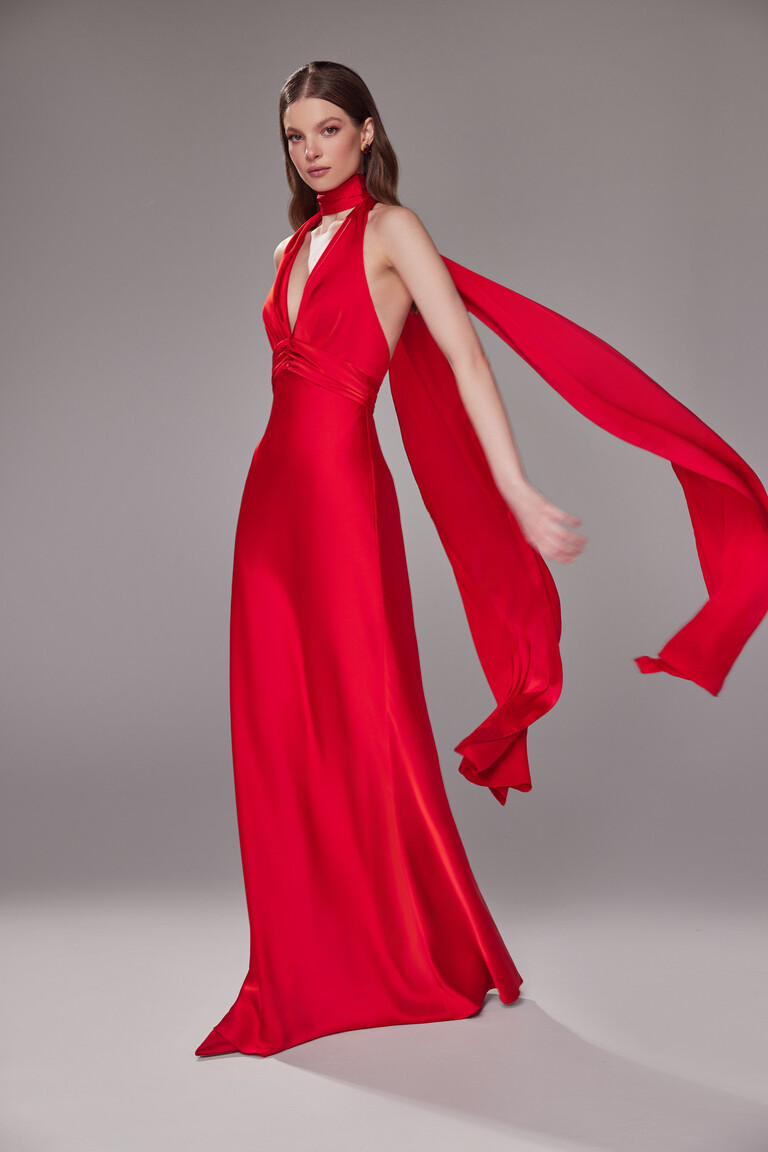 Athena Red Silk Satin Slip Dress with Shawl
