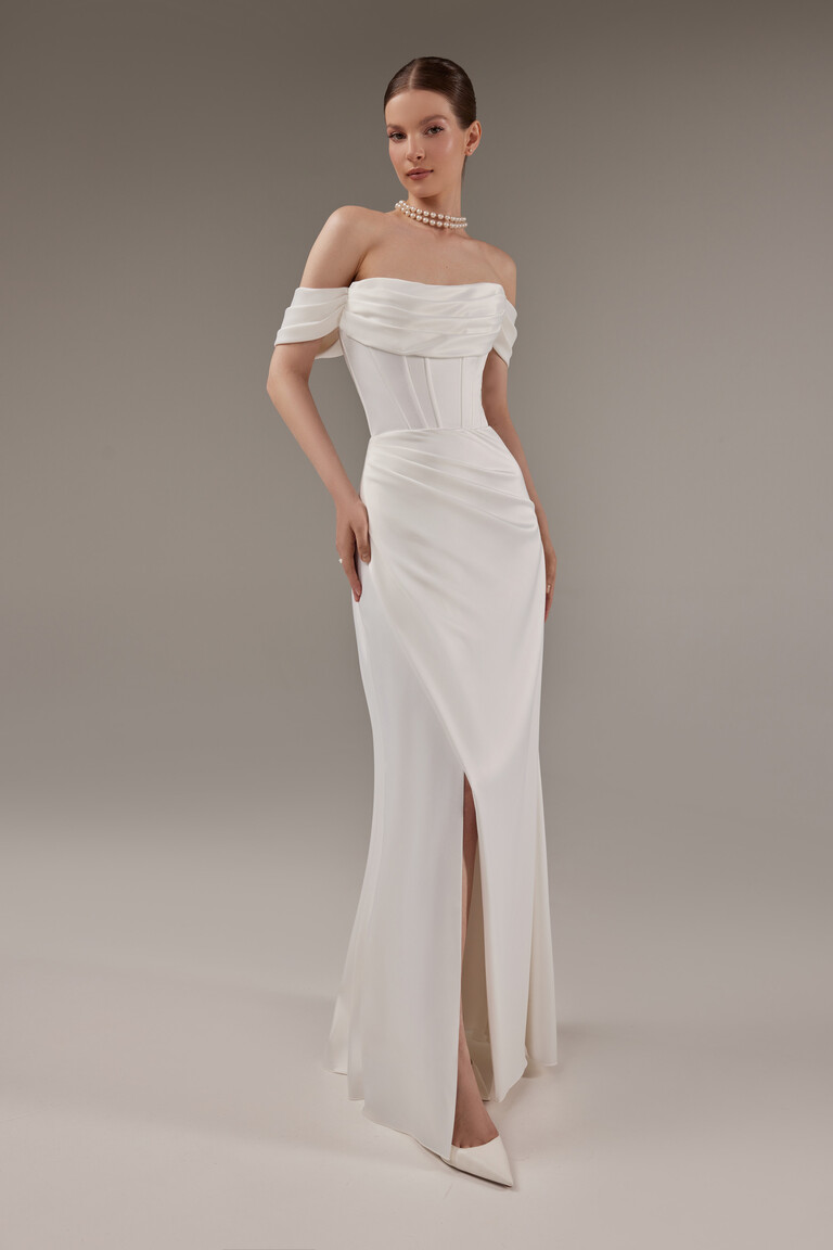 Riley Ivory Satin Off-Shoulder Gown with Lace-Up Back