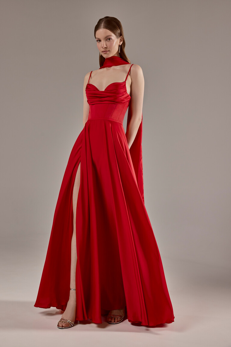 Ingrid Red Silk Corset Evening Gown with Slit