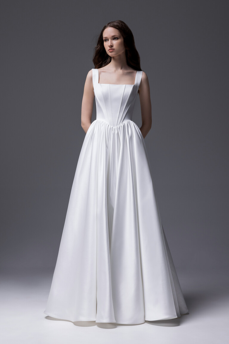 Full length Casia minimalist satin wedding dress with basque waist and square neck