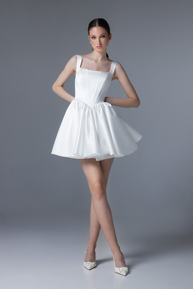 Casia Mini Ivory Satin Dress with Bubble Skirt