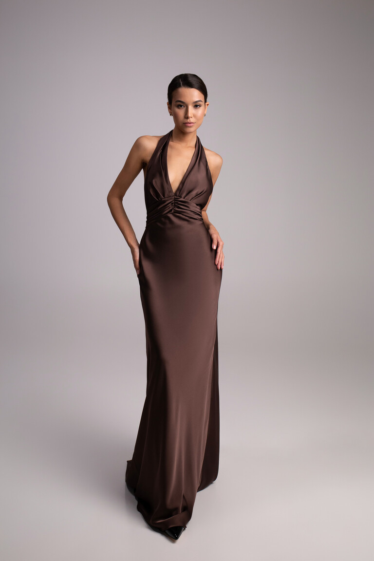 Full length front view of Athena chocolate silk slip dress with V-neck and fitted silhouette