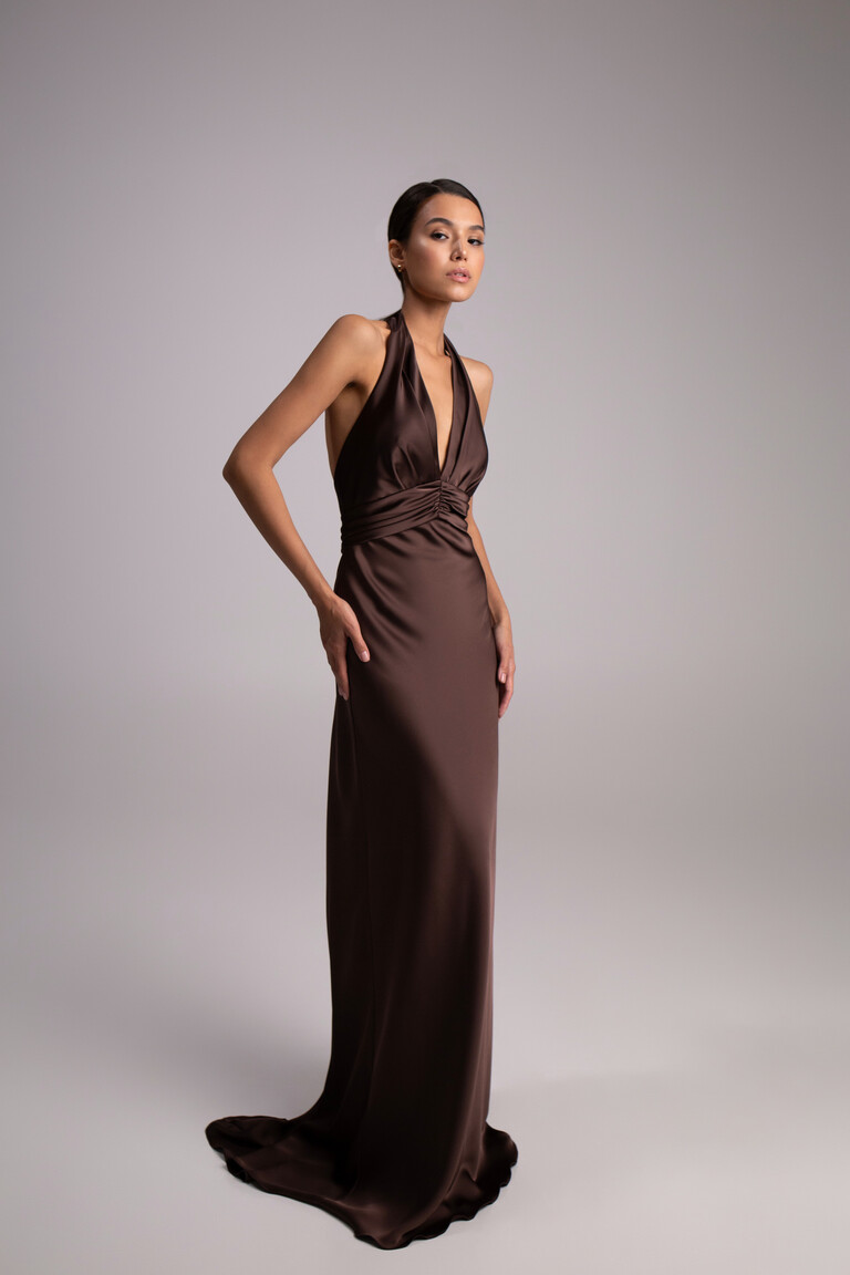 Athena Chocolate Silk Satin Slip Dress with Shawl