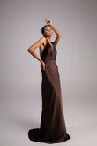 Athena Chocolate Silk Satin Slip Dress with Shawl preview photo # 4