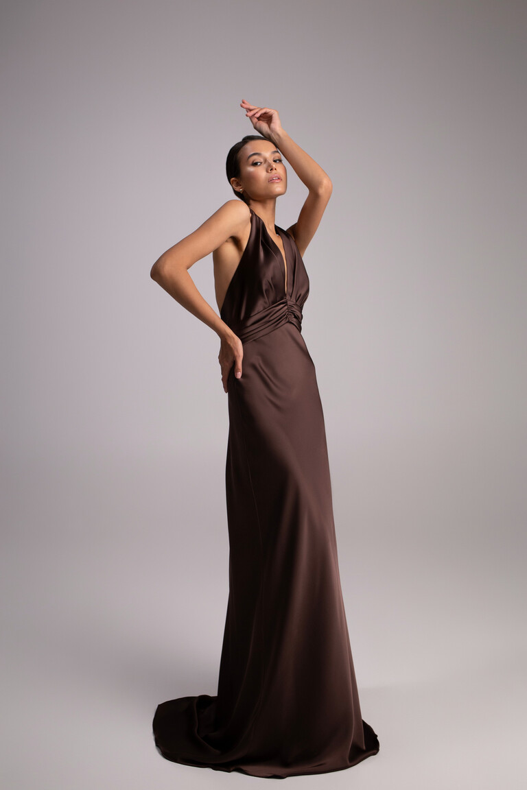 Athena chocolate satin evening dress rear view showing open back design and floor length skirt