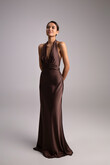 Athena Chocolate Silk Satin Slip Dress with Shawl preview photo # 5