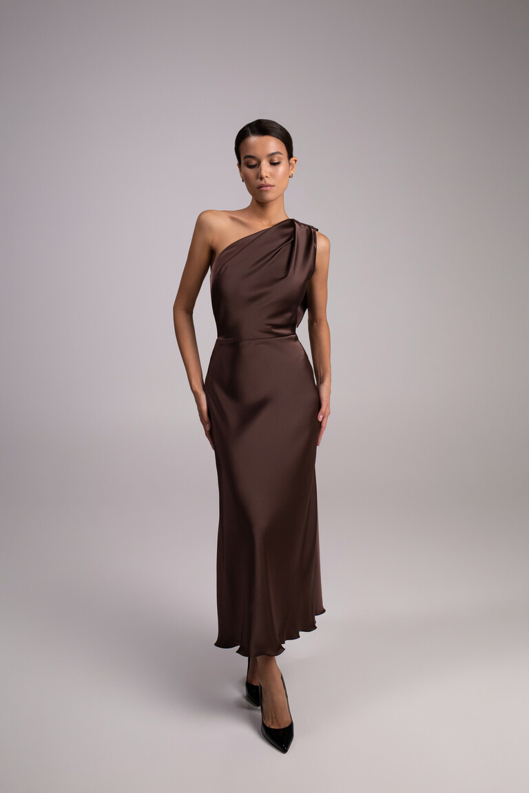 Unona Julia dark brown satin evening dress featuring asymmetrical neckline
