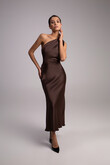 Julia Chocolate Satin One-Shoulder Column Midi Dress preview photo # 3
