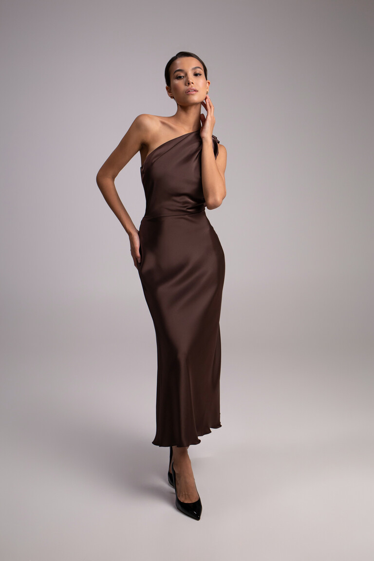 Full length view of Julia chocolate satin column midi dress by Unona