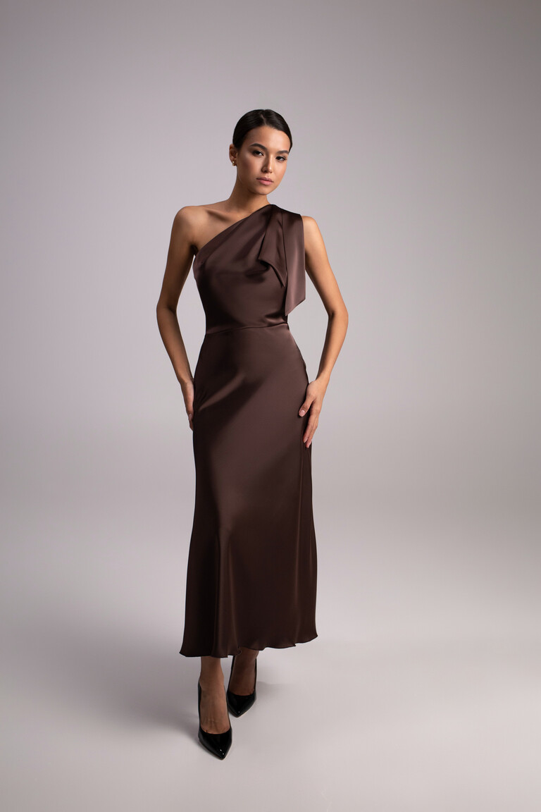 Julia Chocolate Satin One-Shoulder Column Midi Dress