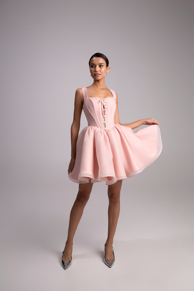 Structured Satin Bodice and Square Neckline Rose Powder Mini dress featuring square neckline and structured satin bodice