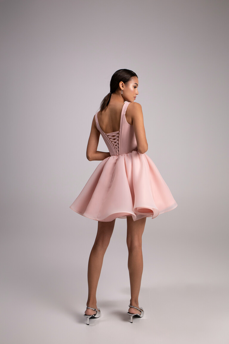 Elegant Lace-Up Back Design Back view of Rose Powder Mini dress with crisscross lacing and flared skirt