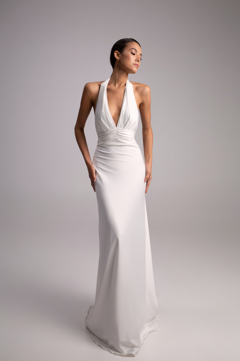 Full length front view of Athena minimalist silk satin wedding dress with fitted column silhouette