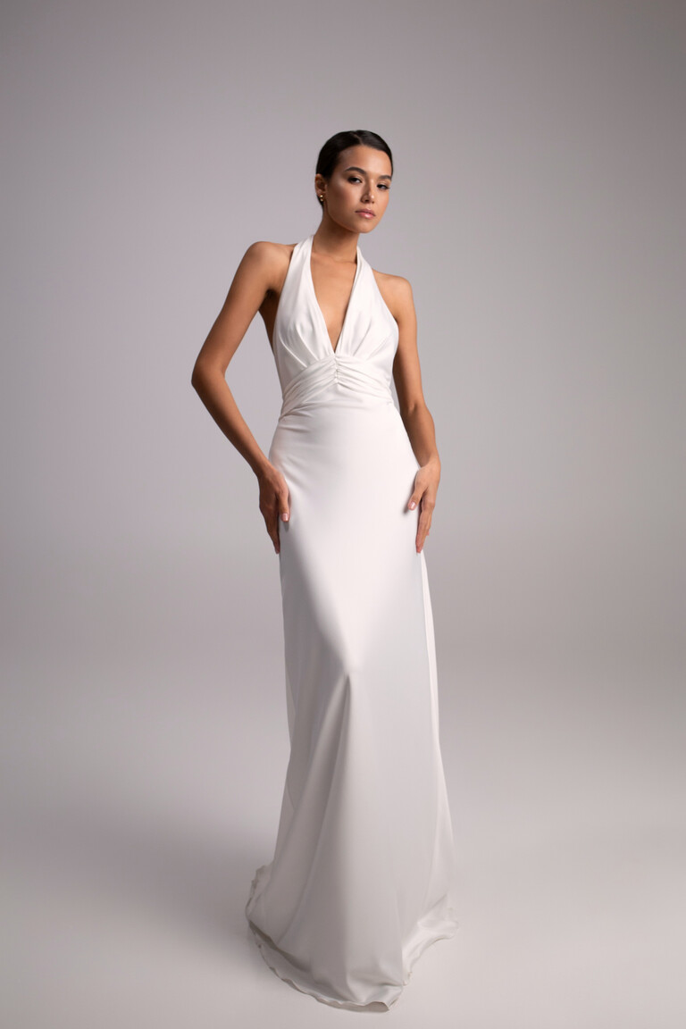 Athena off-white slip dress front view highlighting smooth silk fabric and waist draping