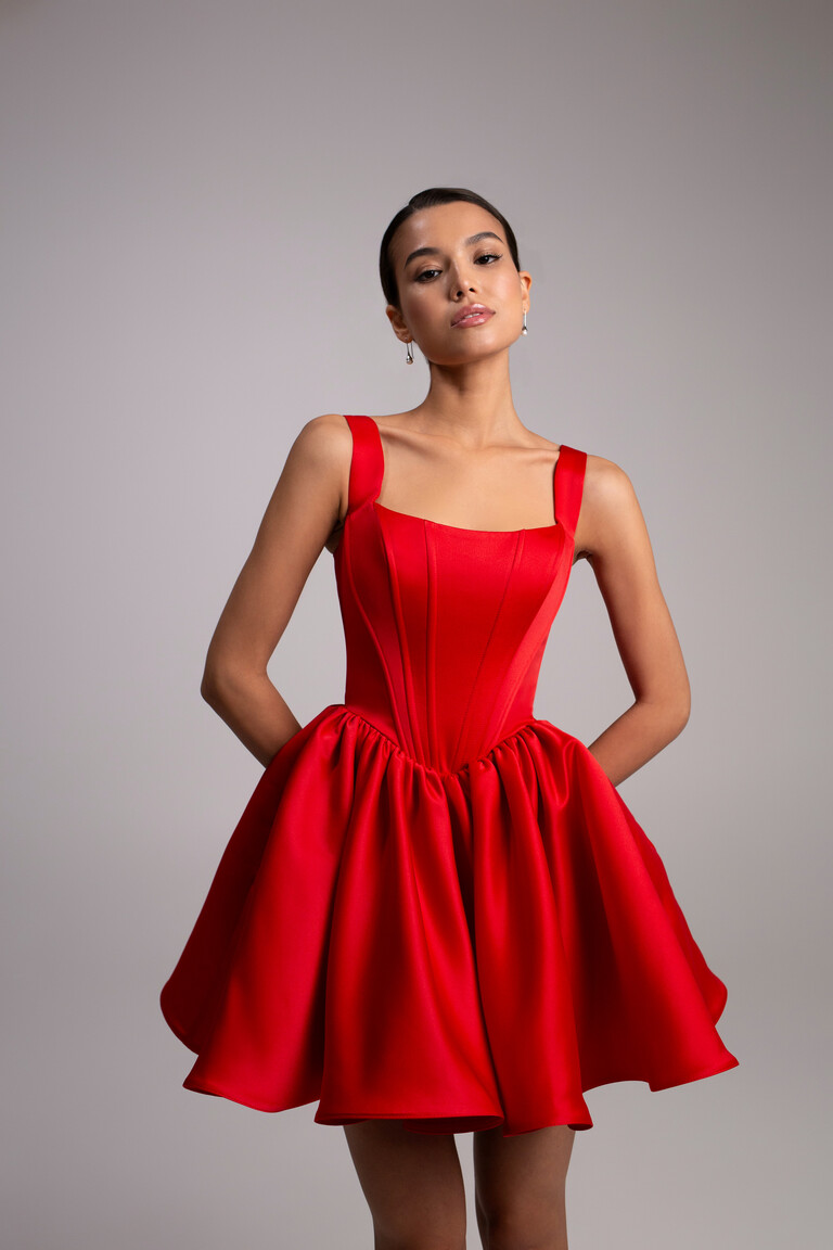 Casia Mini Red Satin Dress with Bubble Skirt