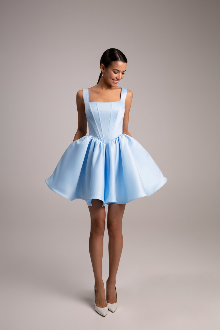 Casia Mini Blue Satin Dress with Bubble Skirt