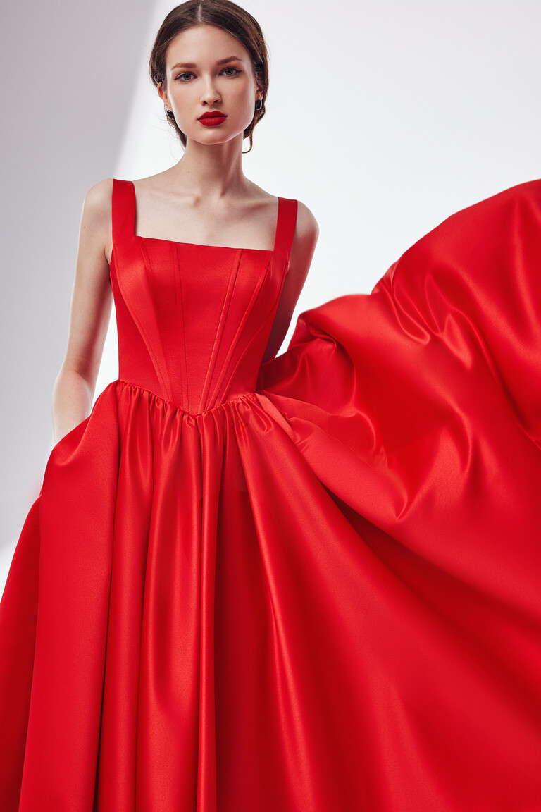 Casia Red Midi Satin Basque Waist Party Dress