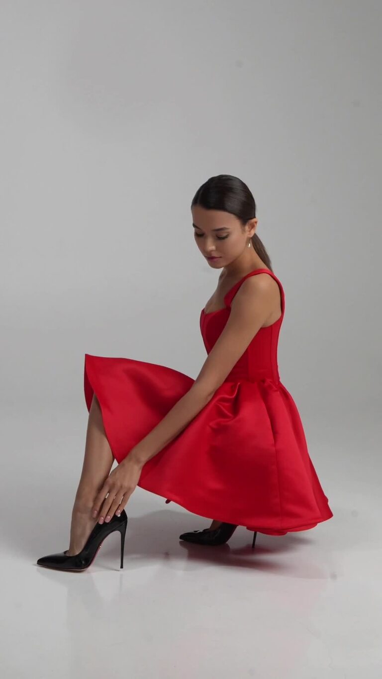 Casia Mini Red Satin Dress with Bubble Skirt