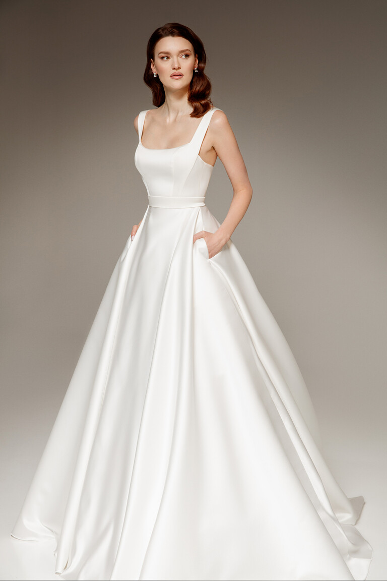 Modern Satin Ball Gown with Pockets Front View Full length Mila-1 square neck satin wedding dress with pockets and wide straps in ivory