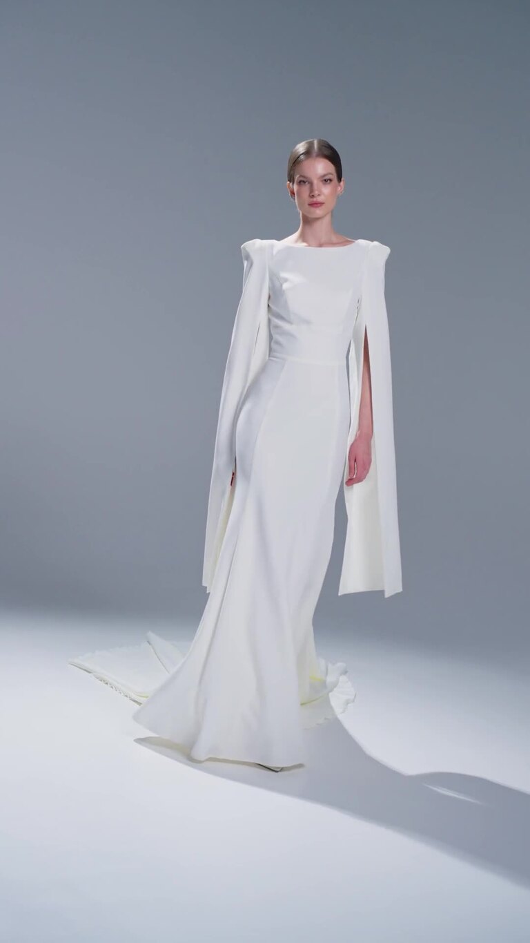 Ashley Crepe Wedding Dress with Cape Sleeves