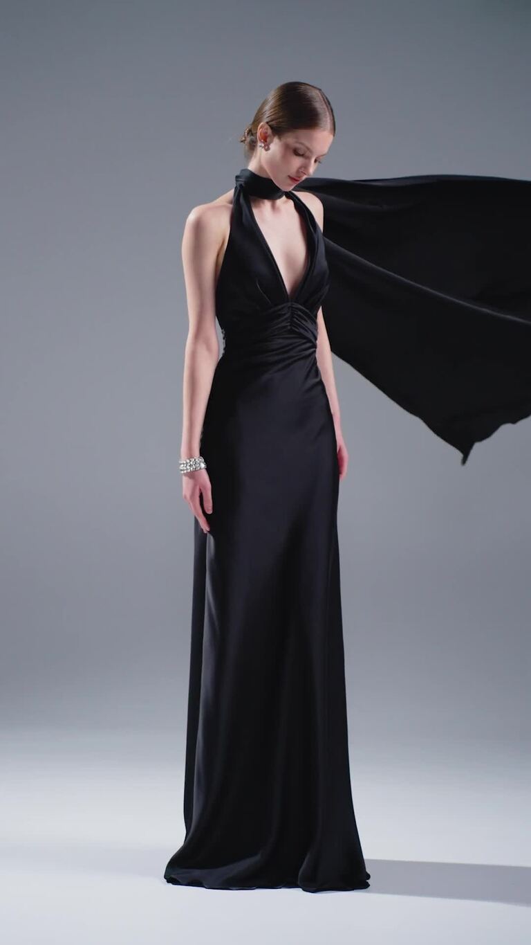 Athena Black Silk Satin Slip Dress with Shawl