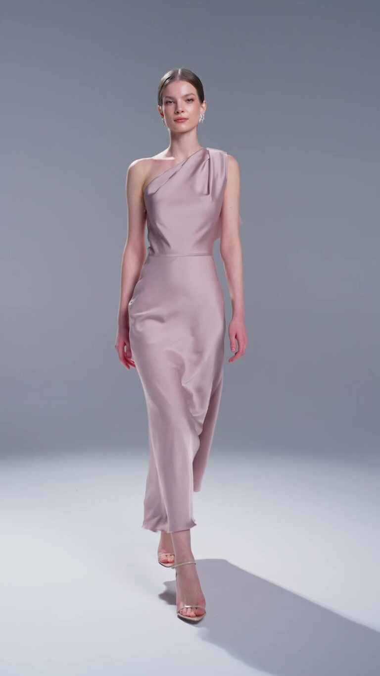 Julia Powder Satin One-Shoulder Column Midi Dress