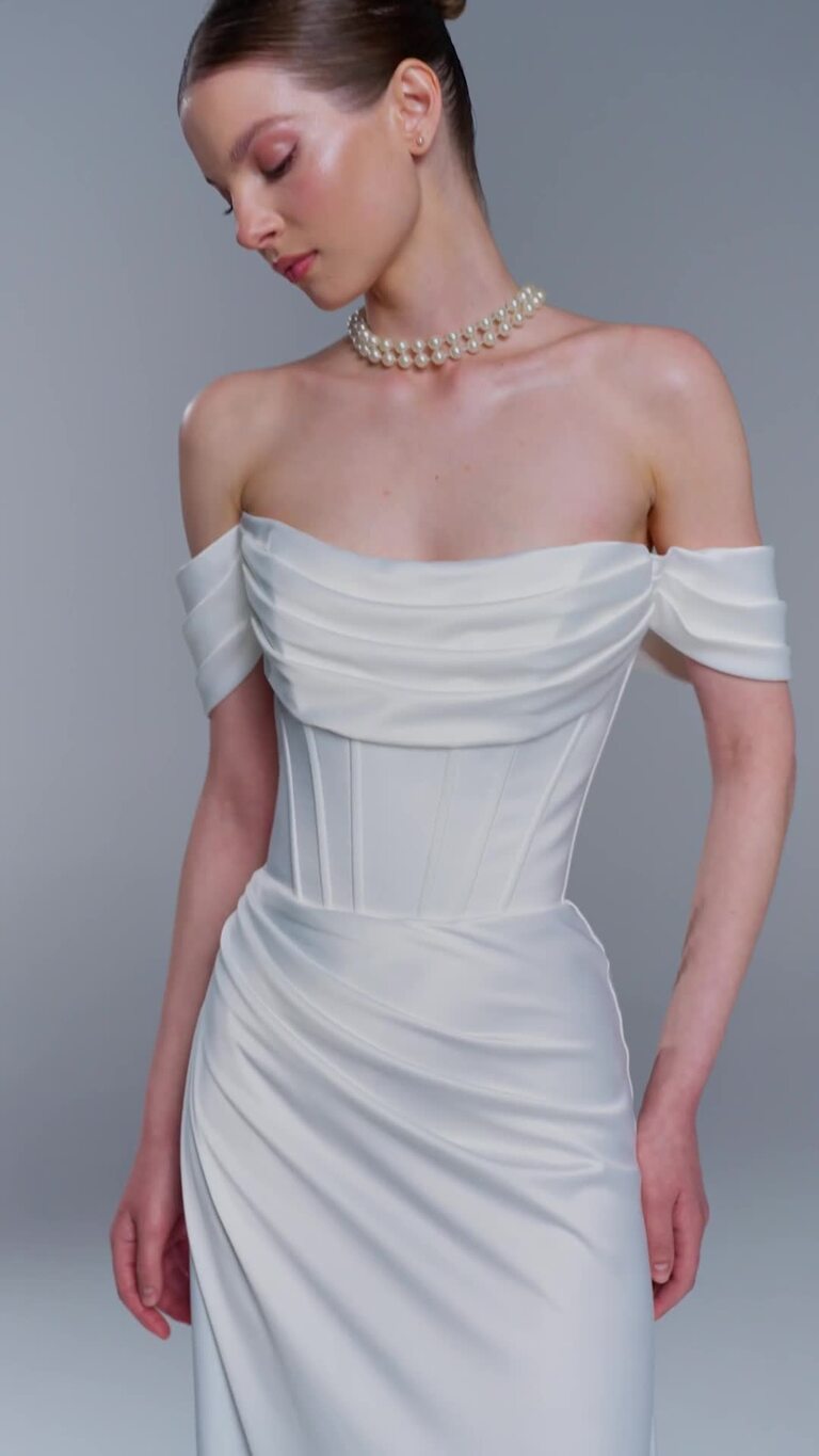 Riley Ivory Satin Off-Shoulder Gown with Lace-Up Back