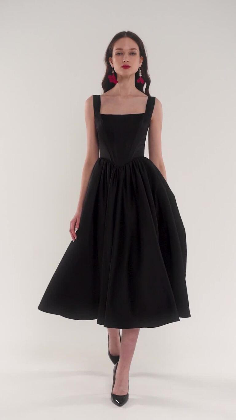 Casia midi preview video # 2 Casia Black Midi Basque Waist Satin Cocktail Dress