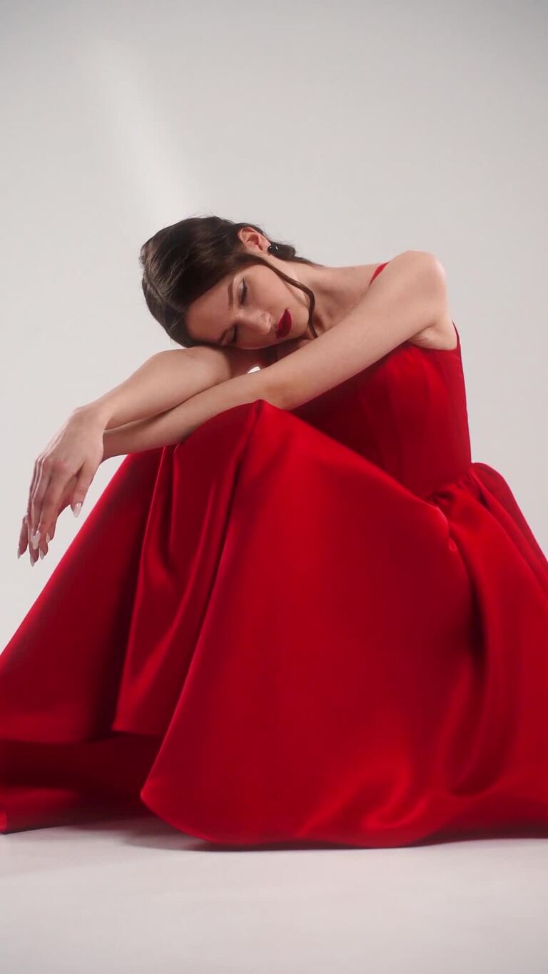 Casia midi preview video # 2 Casia Red Midi Satin Basque Waist Party Dress