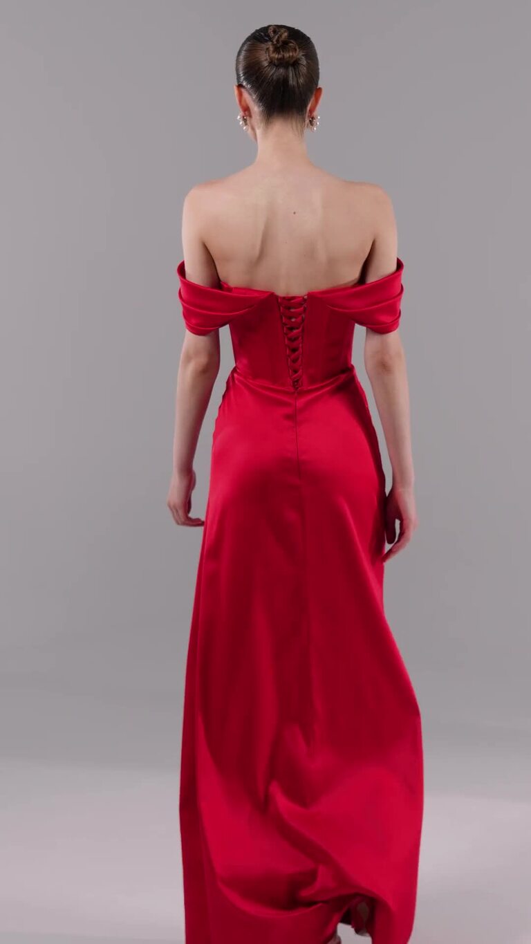 Riley Red Satin Off-Shoulder Dress with Slit