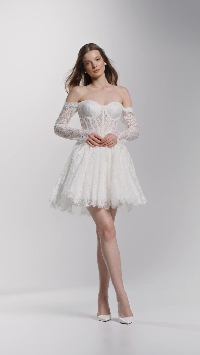 Eden Short Lace Corset Wedding Dress with Off-Shoulder Sleeves