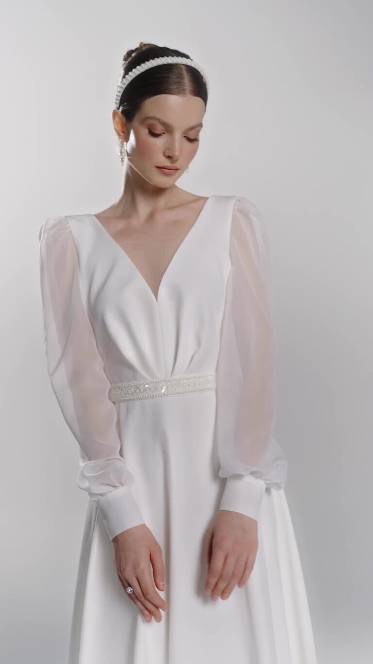 Rita Long Sleeve Crepe and Chiffon Wedding Dress