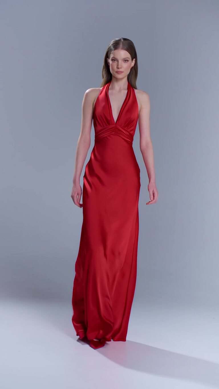 Athena Red Silk Satin Slip Dress with Shawl