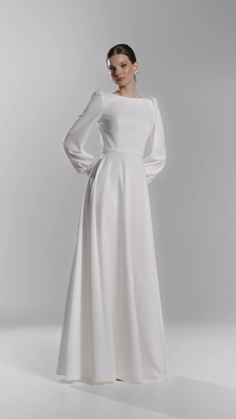 Camalia Boat Neck Crepe Long Sleeve Wedding Dress