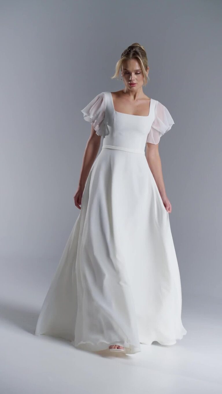 Edda Minimalist Crepe Wedding Dress with Chiffon Sleeves