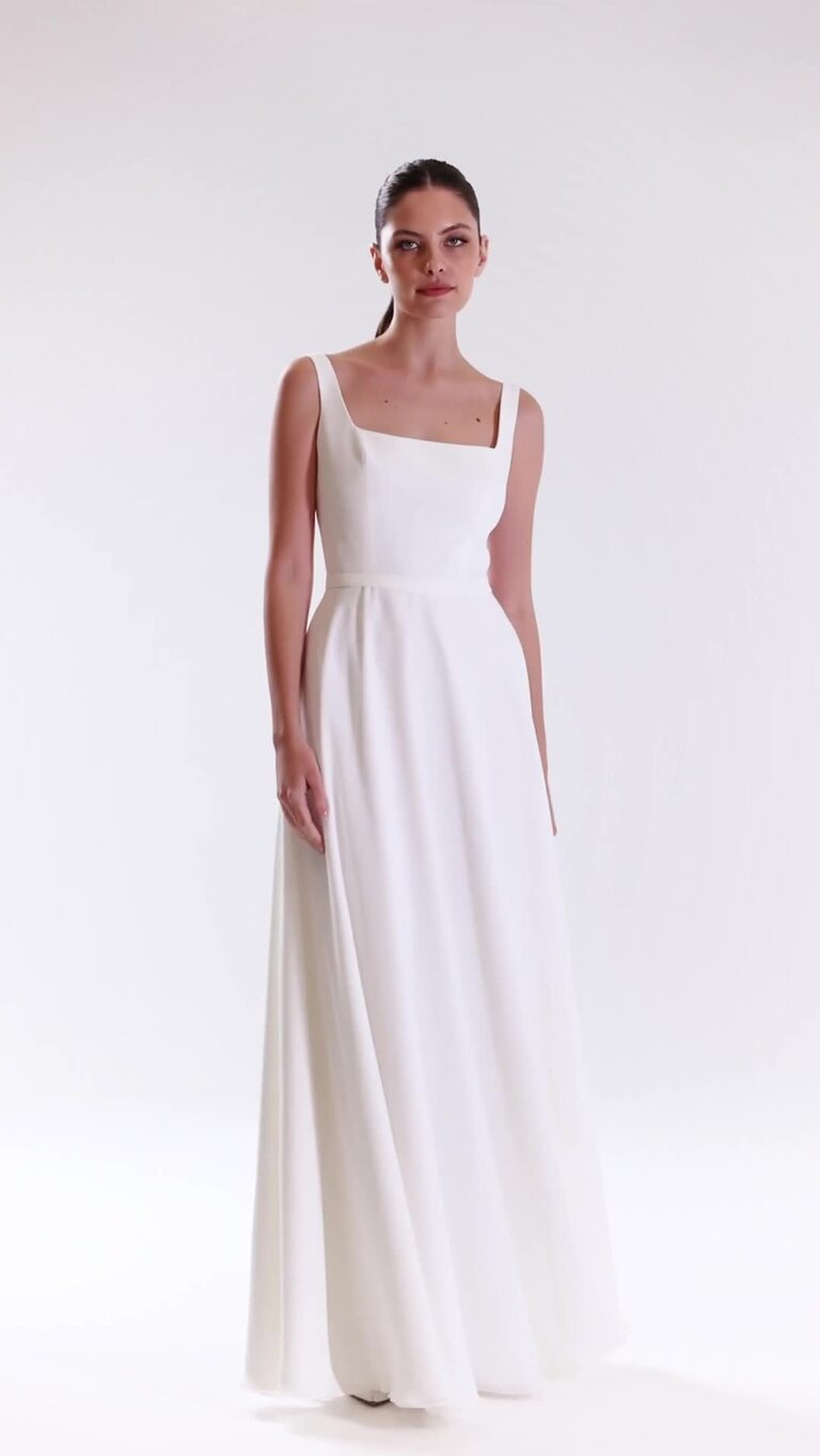 Evita Square Neck Crepe & Chiffon A-Line Dress