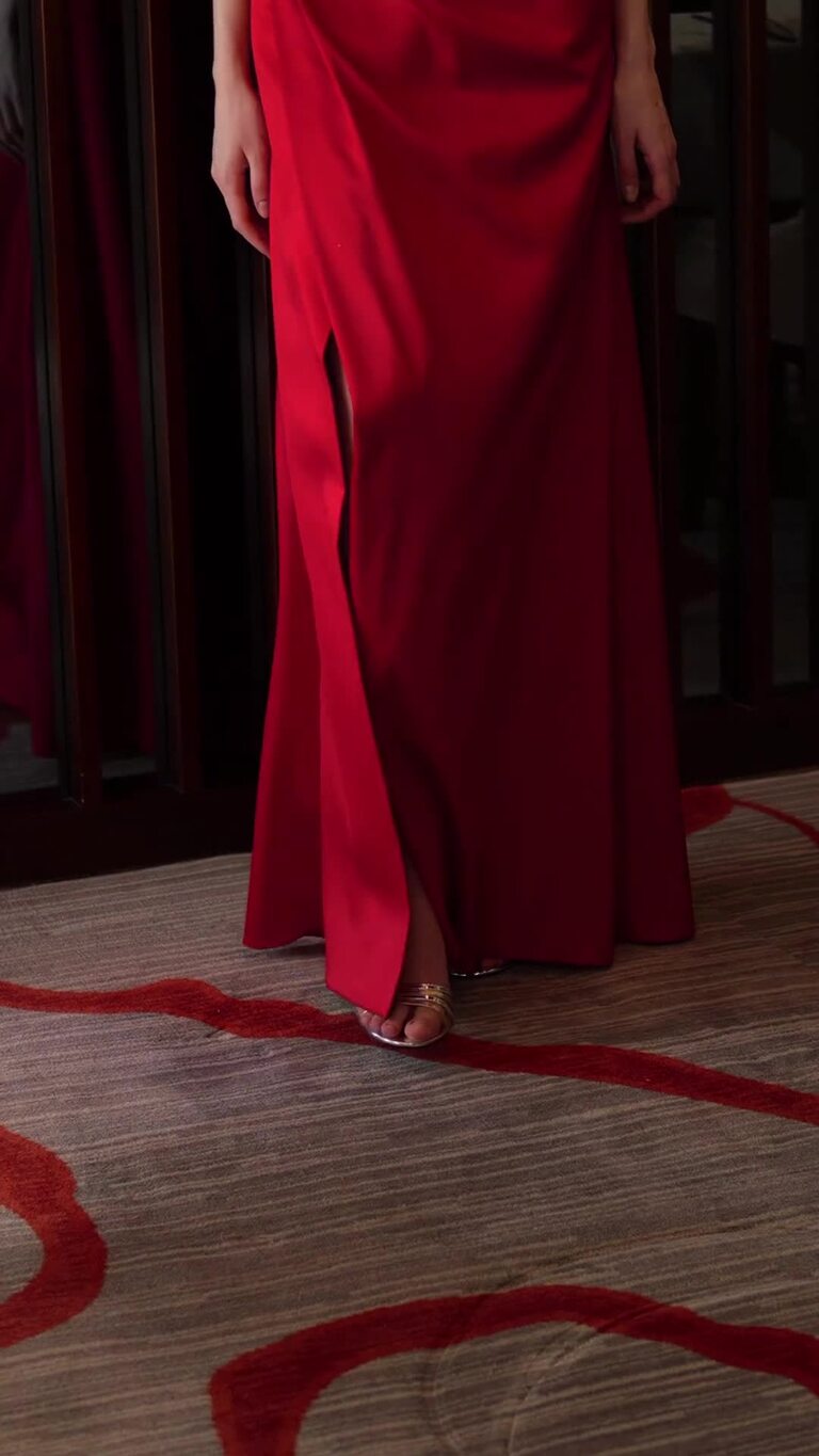 Riley Red Satin Off-Shoulder Dress with Slit