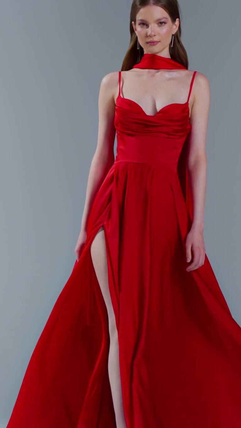 Ingrid Red Silk Corset Evening Gown with Slit