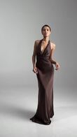 Athena Chocolate Silk Satin Slip Dress with Shawl preview video # 2